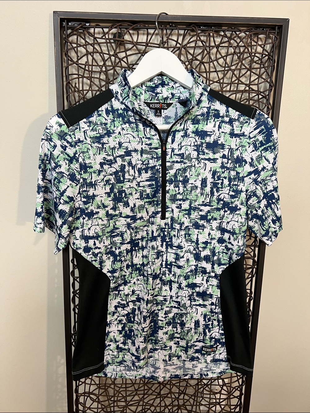 Kerrits quarter-zip equestrian riding shirt blue green abstract horse print S